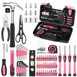 144-Piece Pink Tool Kit Basic Home Repair Tool Set General Household Hand Tool Kit Small Tool Kit with Plastic Toolbox Mini Tool kit for Women, Office & College Repairs