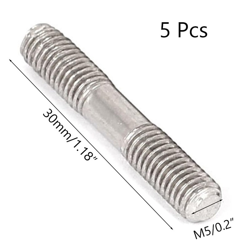 TOP-VIGOR 5Pcs Double End Threaded Stud Screw Bolt, M5x30mm 304