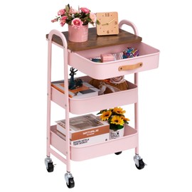 AGTEK Makeup Organizer Cart with Drawer, 3-Tier Metal Utility Cart with Hanging Cups, Leather Handle, Mobile Trolley for Home & Office, Pink
