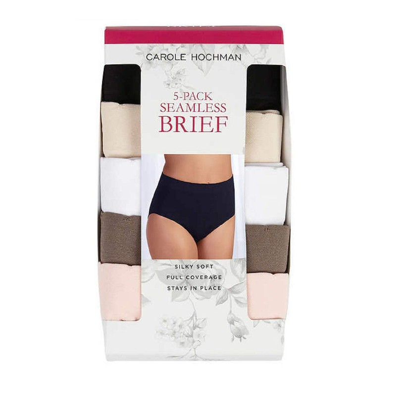 Carole Hochman Ladies' Seamless Brief, 5-Pack, Variety (Black,Nude,White,Brown, Pink, Large)