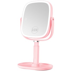 Lighted Makeup Mirror, 2600mAh Rechargeable 1x/10x Magnifying Vanity Mirror, 8.5" Height Adjustable Makeup Mirror with Lights 3 Color, 360° Rotation 2-Sided Light up Large Desk Mirror - Pink