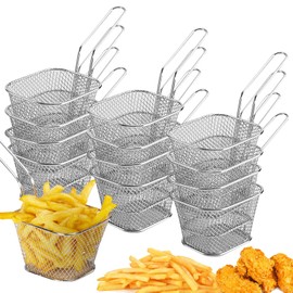 Pack of 12 French Fries Cups: Stainless Steel Frying Basket, Small Chip Basket, Silver with Handle, Fry Basket for Serving Baskets for Fried, Fries, Shrimps, Onion Rings