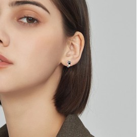 Women Girl 925 Silver Plated Black Enamel Paw Print Huggie Hoop Earrings L39