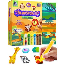 Magical Bead Painting for Kids - Animal World Theme Birthday Gift for Boys & Girls Ages 4-8 Years Old, DIY Mosaic Arts & Crafts Kit with Colorful Templates, Beads Pen & Creative Fun Set