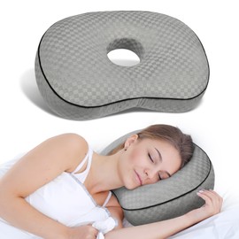 Ear Piercing Pillow for Side Sleepers with an Ear Hole for CNH and Ear Pain Ear Inflammation Pressure Sores, Cotton and Polyester Adjustable Filling Washable and Adjustable Ear Guard Pillow, Gray