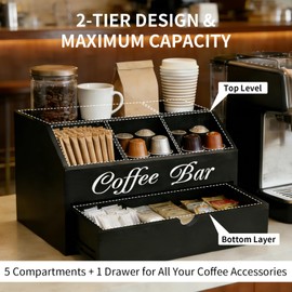 Coffee Bar Organizer for Countertop, 2-Tier Wood Station with Drawer, Black