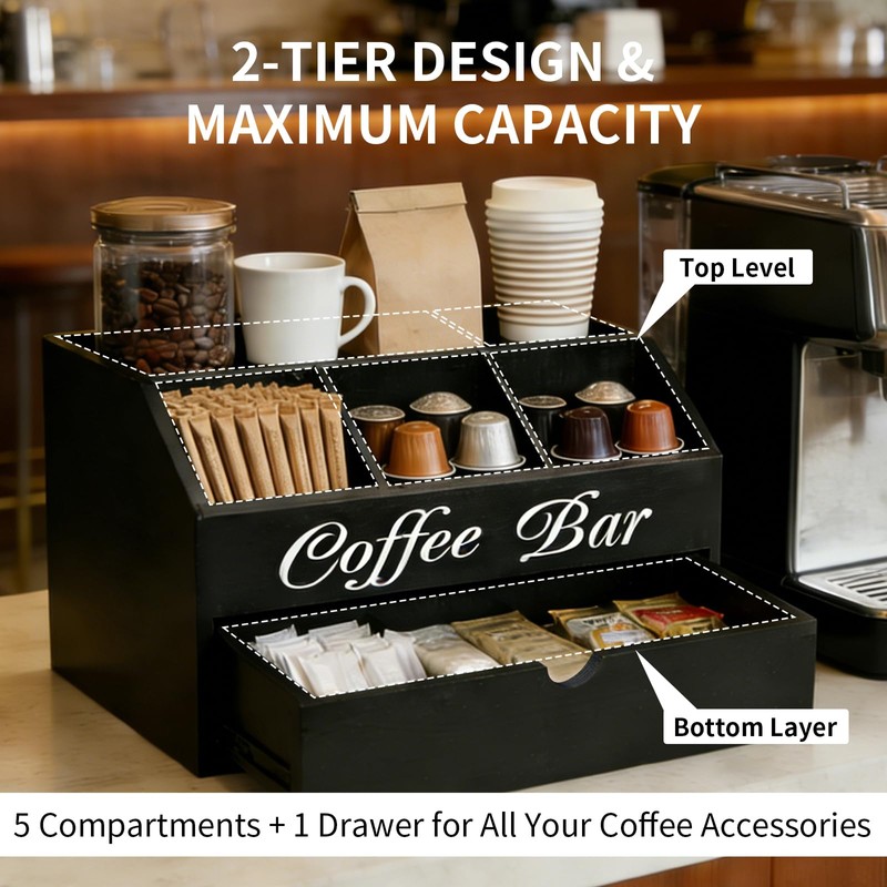 Coffee Bar Organizer for Countertop, 2-Tier Wood Station with Drawer,