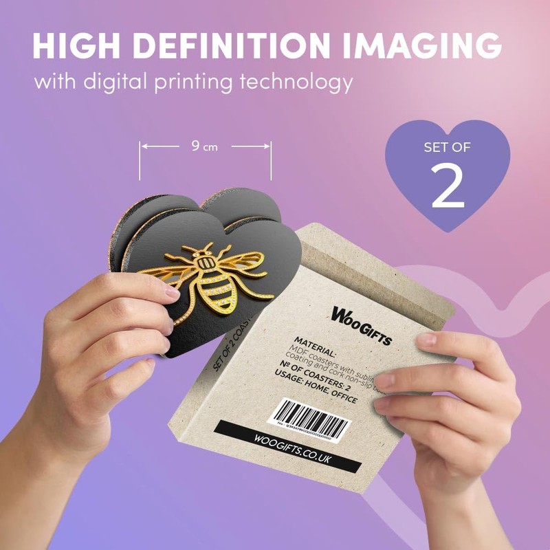 2 x Heart Coasters - 3D Manchester Bee Logo Cork