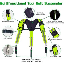 Dr.TOUGH Tool Belt Suspenders for Men Carpenter Tool Belt with Suspenders Padded Tool Belt Suspenders With Magnet Pocket (Fluorescent Green)