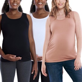 Motherhood Maternity Women's Sleeveless Scoop Neck Side Ruched Pregnancy Tank Top Pack, White/Black/Mocha