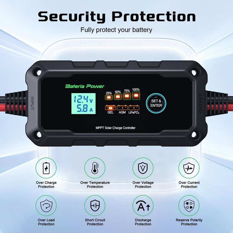 Bateria Power 10A 12V MPPT Solar Charge Controller, Intelligent Solar