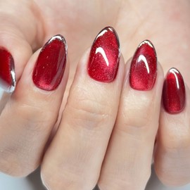 Sunruby Handmade Press On Nails Short Almond Iridescent Ruby Red Cat Eye with Silver Glitter French Tip, Reusable Soft Gel Nails in 12 Sizes-24 Pcs. Designed in Los Angeles.Made in Vietnam.|Ruby Grace
