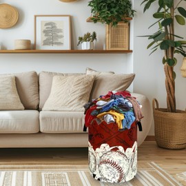 Red White Retro Baseball Laundry Basket Foldable Baseball Funny Laundry Hamper With Handle Oxford Cloth Portable Clothes Storage Basket Laundry Bag 18.9"x16.5" For Laundry Room/Bedroom/Bathrooms