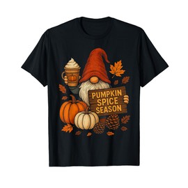 Autumn Gnome Holding Pumpkin Spice Latte with Seasonal Vibes T-Shirt