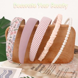 MOTIBACK 5Pcs Headband Set, Chic & Versatile Headbands for Women's Hair, Soft Padded Hair Bands for Women with Floral Designs and Pearls, Ideal for Everyday Wear or Special Occasions