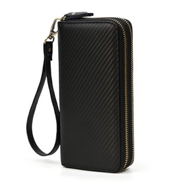 LUUFAN Genuine Leather Long Wallet Large Capacity Double Zipper Around Purse Clutch Bag Handbag Pouch Cash Credit Cards Phone Holder, Black, Golden Zipper