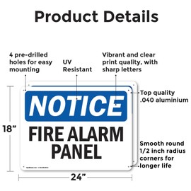 (2 Pack) Fire Alarm Panel OSHA Notice Sign 24 Inch X 18 Inch Indoor/Outdoor Rust-Free Aluminum Metal Signs for Workplace, Workshop, and Construction Site, Made in the USA