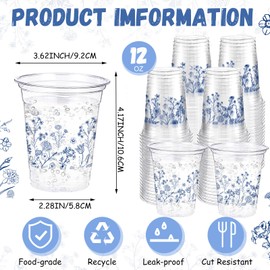 Jingmore 100 Pcs Blue Floral Plastic Cups 12 oz Blue White Wildflowers Disposable Clear Plastic Drinking Cups Bulk for Floral Summer Spring Birthday Bridal Shower Wedding Party Decorations Supplies