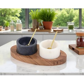 Cruiser’s Caché 2 Piece White and Black Marble Salt and Spice Cellar or Dipping Bowls with Wood Tray and Gold Spoons
