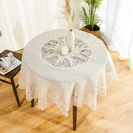 OOKSEN Linen Round Tablecloth, Lace Round Table Cloth 70 Inch, Farmhouse Washable Burlap Tablecloths, Vintage Circle Table Cover for Rustic Kitchen Party Outdoor Picnic