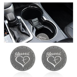 Dickno 2PCS Car Cup Holder Coaster, 2.76 Inch Blessed Cross and Heart Christian Drink Mat, Soft PVC Non-Slip Shockproof Insert Cup Coaster for Women Girls, Interior Car Accessories (Gray)