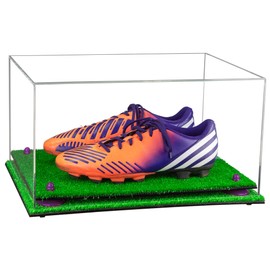 Better Display Cases Clear Acrylic Shoe Pair Display Case for Soccer Cleats Football Cleats with Purple Risers and Turf Base (A026-PR)
