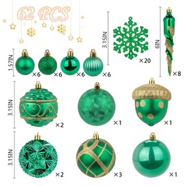 62Pcs Green & Gold Christmas Balls Tree Ornament Set, Assorted 3.15'' 80mm Big Shatterproof Christmas Hanging Decorations for Holiday/Party/Christmas Tree Decor