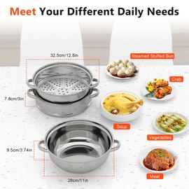 Gdrasuya 3 Tier Stainless Steel Steamer Pot - Vegetable, Dumpling, Stock, Sauce Cooker