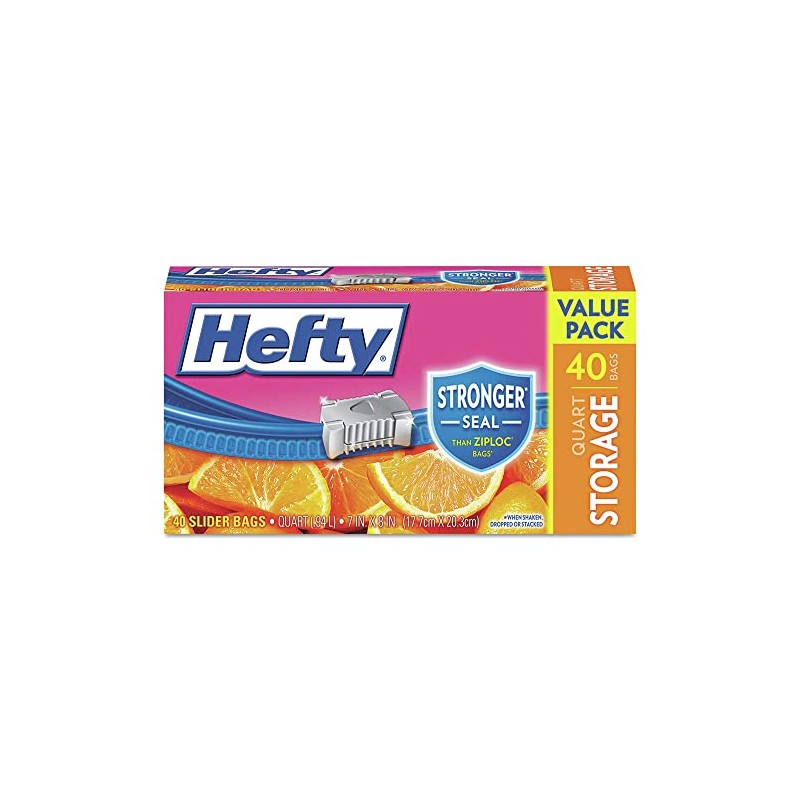 Hefty Slider Storage Bags, 1 Qt, Clear, Box of 40