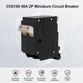 40 Amp 2Pole Miniature Circuit Breaker, 120/240 VAC, Dual Pole Electrical Protection for Commercial and Industrial Use, 10kAIC, Black