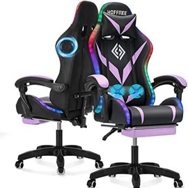christmas gifts Gaming Chair with Bluetooth Speakers and RGB LED Lights Ergonomic Massage Computer Gaming Chair with Footrest Video Game Chair High Back with Lumbar Support Blue and Black - Color: Purple+black