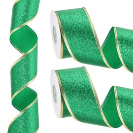 PATIKIL 20 Yards x 2" Christmas Ribbon, Metallic Wired Ribbon Shine Gift Wrapping Ribbon for Craft Birthday Wedding Festival Decoration, Green Gold