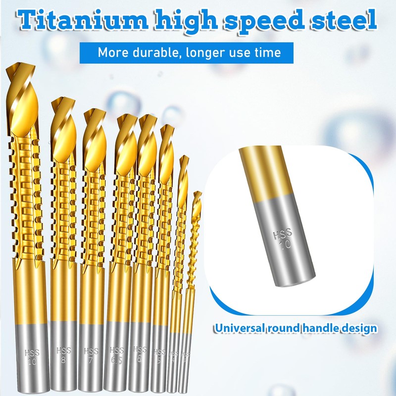 6 Pack Titanium Coated HSS Twist Drill Bits, 3-8mm Hex