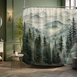 QGHOT Mountain Shower Curtain Green Forest Nature Shower Curtains for Bathroom Rustic Woodland Pine Tree Landscape Bath Decor Sets, Waterproof Polyester Fabric with Hooks, 108x72in