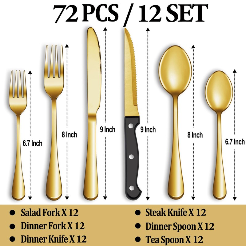 72 Pcs Gold Silverware Set with Steak Knives, Stainless Steel