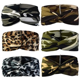 6pcs Camo Leopard Headbands Elastic Bow Hairband Turban Twisted Head Wrap Knot Hair Accessories for Women Girls Running Sport Travel