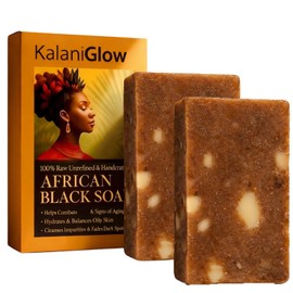 African Black Soap– Raw African Black Soap Bar Moroccan Black Soap Hydrates Dry Skin for All Skin Types, Supports a More Even-Looking Skin Tone for Face & Body Wash (2pcs)
