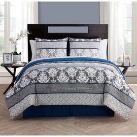 VCNY Home Beckham Collection Comforter Soft & Cozy Bedding Set, Stylish Chic Design for Home Décor, Machine Washable, Full, Blue, 8 Piece