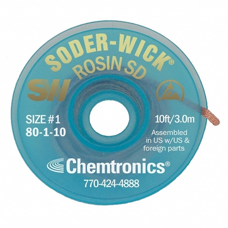 Chemtronics, 80-1-10, Desoldering Wick, 10 ft, 1, Copper, Rosin