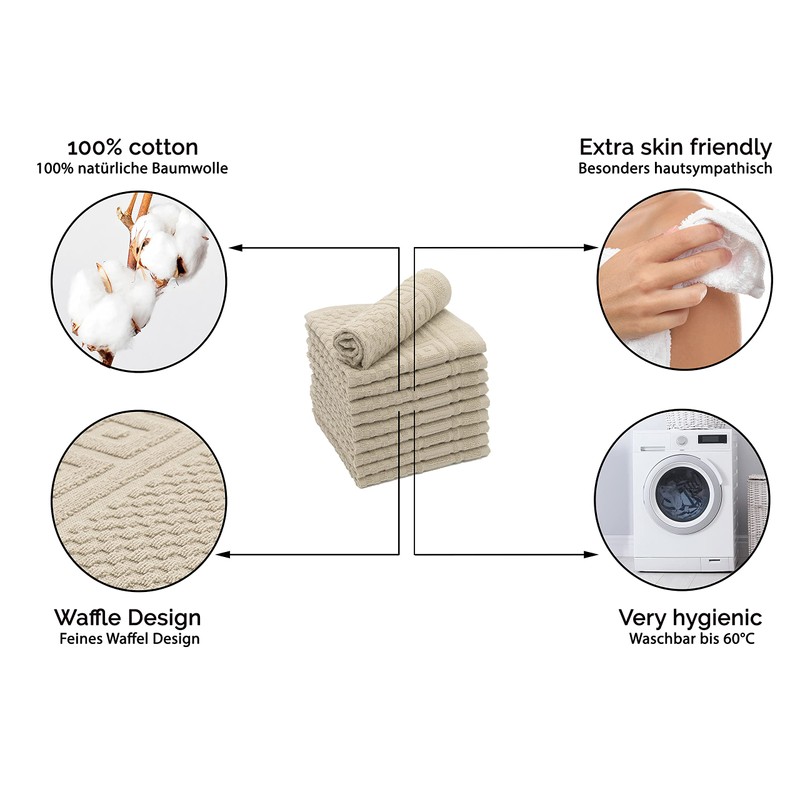 ZOLLNER Set of 10 Flannels with Waffle Pattern, 100% Cotton,