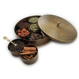 ABHANDICRAFTS BRASS Spice Box with Spoon & 7 Containers Design | Masala Box for Kitchen | Masala Dani For Kitchen | Indian Spice Box Organiser