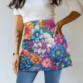 Yorfeemge Waist Apron with 3 Pockets Waiter Server Short Aprons Half Aprons with Pockets Waitress Apron for Women Colorful Mandala Flower
