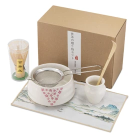 Aijohnny Matcha Whisk Set with Matcha Bowl, Bamboo Whisk (Chasen), Whisk Holder, Tea Scoop (Chashaku), Sifter, Tea Cloth - 6 PCS Matcha Tea Set for Ceremony, Matcha Tea Lover Gift (Sakura)