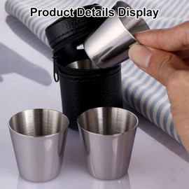 Pack of 4 30 ml Stainless Steel Flask Cups, Portable Metal Cups, Stackable Shot Cups, Small Stainless Steel Cup with 1 Leather Case and 2 Folding Cutlery (Fork and Spoon) for Camping, Picnic, Hiking