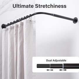 Crkmire L Shaped Corner Shower Curtain Rod, Adjustable [24.3" - 47.6"] x [24.3" - 47.6"] 90 Degree Square Shower Curtain Rod with 12 Hooks & Ceiling Support for Bathroom, Bathtub & Clothing Store