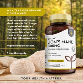 Nutravita Organic Lions Mane Mushroom 1500mg - 120 High Strength Vegan Capsules (Not Powder) - Lions Mane Supplement with Organic Black Pepper - Made in The UK