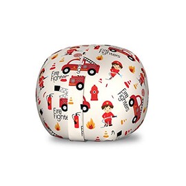 Lunarable Truck Storage Toy Bag Chair, Little Boys and Girls in Uniforms Fighters Theme Career Profession Pattern, Stuffed Animal Organizer Washable Bag, Small Size, Red Cream