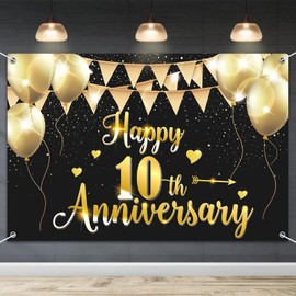 HAMIGAR 6x4ft Happy 10th Anniversary Banner Backdrop - 10 Wedding Anniversary Decorations Party Supplies - Black Gold