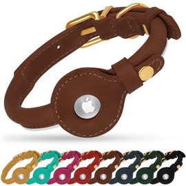 OOPSDOGGY Rolled Leather Dog Collar with Airtag Holder - Reflective Round Airtag Dog Collar - Soft Tracking Pet Collar for Small Dogs Puppy Cats Kitten (Brown, XL, 17"-21")