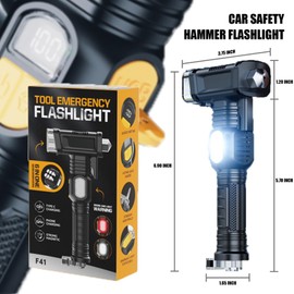 Jeixynik Safety Hammer Flashlight for Car, Emergency Rescue Tool with Seatbelt Cutter, 6 in 1 Screwdrivers Bit Storage Kit, Sound & Light Warning System, Multi-Function LED Lighting Roller Zoom Torch